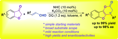 Graphical abstract: Oxidative N-heterocyclic carbene-catalyzed [3 + 3] annulation reaction of enals with benzofuran-3-ones: efficient access to benzofuran-fused δ-lactones