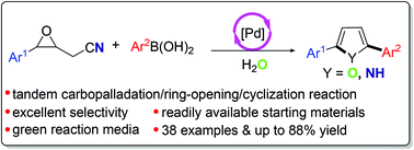 Graphical abstract: Palladium-catalyzed tandem reaction of epoxynitriles with arylboronic acids in aqueous medium: divergent synthesis of furans and pyrroles