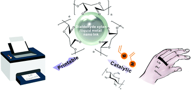 Graphical abstract: Dialdehyde xylan-based sustainable, stable, and catalytic liquid metal nano-inks