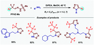 Graphical abstract: Defluorinative [4 + 1] annulation of perfluoroalkyl N-mesylhydrazones with primary amines provides 5-fluoroalkyl 1,2,3-triazoles