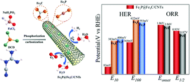 Graphical abstract: Fe2P encapsulated in carbon nanowalls decorated with well-dispersed Fe3C nanodots for efficient hydrogen evolution and oxygen reduction reactions