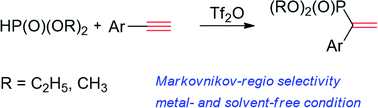 Graphical abstract: Markovnikov-addition of H-phosphonates to terminal alkynes under metal- and solvent-free conditions