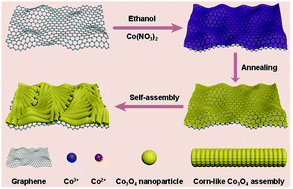 Graphical abstract: Self-assembly of corn-like Co3O4 from nanoparticles induced by graphene wrinkles and its application in lithium ion batteries