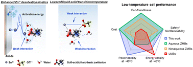 Graphical abstract: Restructuring of aqueous electrolytes using a soft-acidic/hard-basic zwitterion for low-temperature anode-free Zn batteries