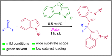 Graphical abstract: Organocatalytic Friedel–Crafts arylation of aldehydes with indoles utilizing N-heterocyclic iod(az)olium salts as halogen-bonding catalysts