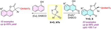 Graphical abstract: Decarboxylative [3 + 2] cycloaddition of propargyl cyclic carbonates with C,O-bis(nucleophile)s to access dihydrofuro[3,2-c]coumarins and dihydronaphtho[1,2-b]furans with quaternary center