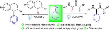 Graphical abstract: Photocatalytic redox-neutral α-C(sp3)–H pyridination of glycine derivatives and N-arylamines with cyanopyridines