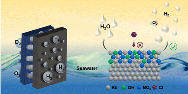Graphical abstract: Ruthenium nanoparticles decorated with surface hydroxyl and borate species boost overall seawater splitting via increased hydrophilicity
