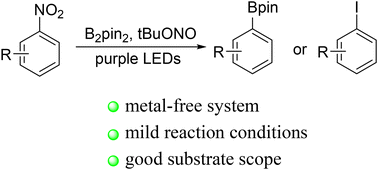 Graphical abstract: Visible light-induced metal-free cascade denitrogenative borylation and iodination of nitroarenes