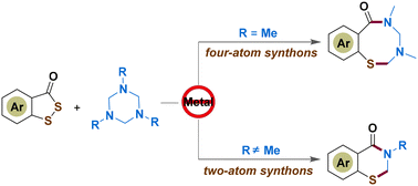 Graphical abstract: Substituent-controlled divergent cyclization reactions of benzo[c][1,2]dithiol-3-ones and hexahydro-1,3,5-triazines