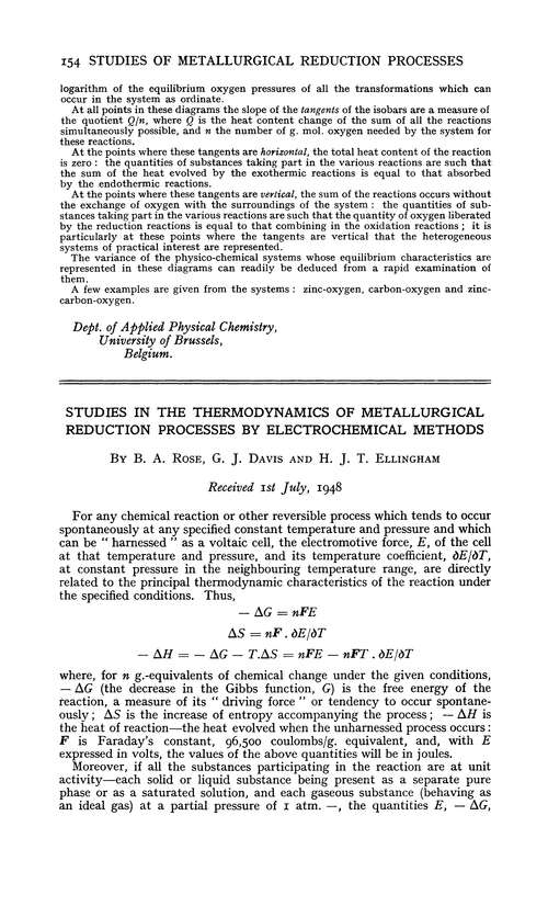 Studies in the thermodynamics of metallurgical reduction processes by electrochemical methods