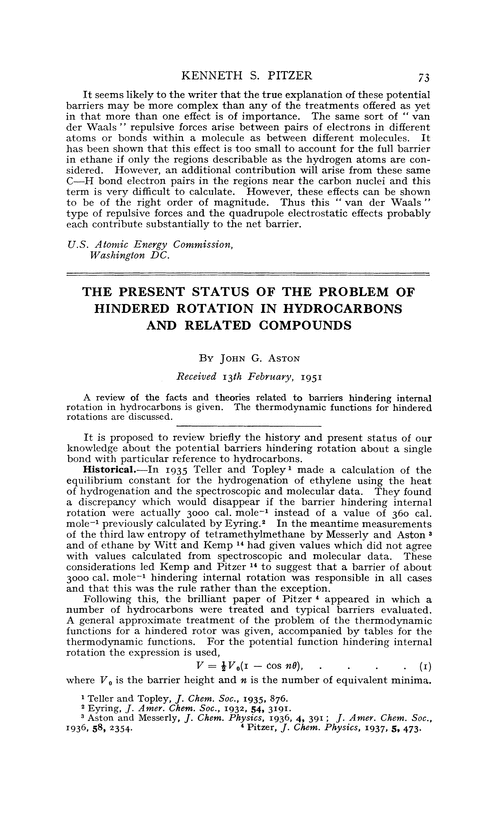 The present status of the problem of hindered rotation in hydrocarbons and related compounds
