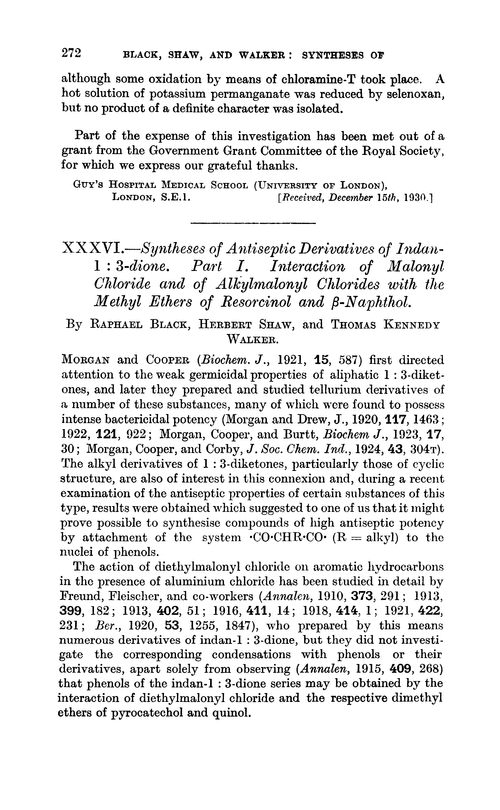 XXXVI.—Syntheses of antiseptic derivatives of indan-1 : 3-dione. Part I. Interaction of malonyl chloride and of alkylmalonyl chlorides with the methyl ethers of resorcinol and β-naphthol