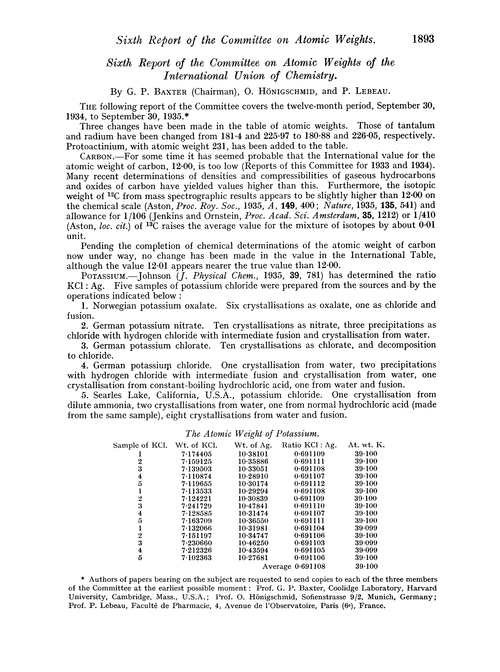 Sixth Report of the Committee on Atomic Weights of the International Union of Chemistry
