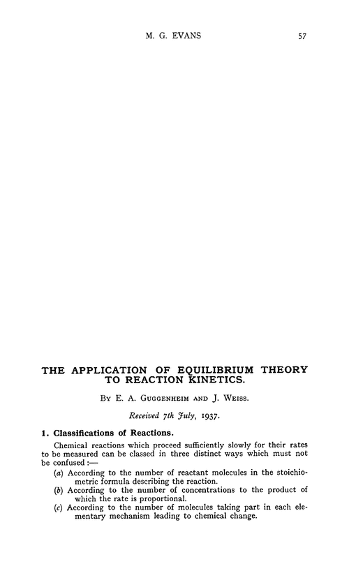 The application of equilibrium theory to reaction kinetics