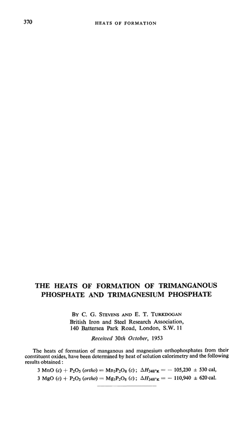 The heats of formation of trimanganous phosphate and trimagnesium phosphate