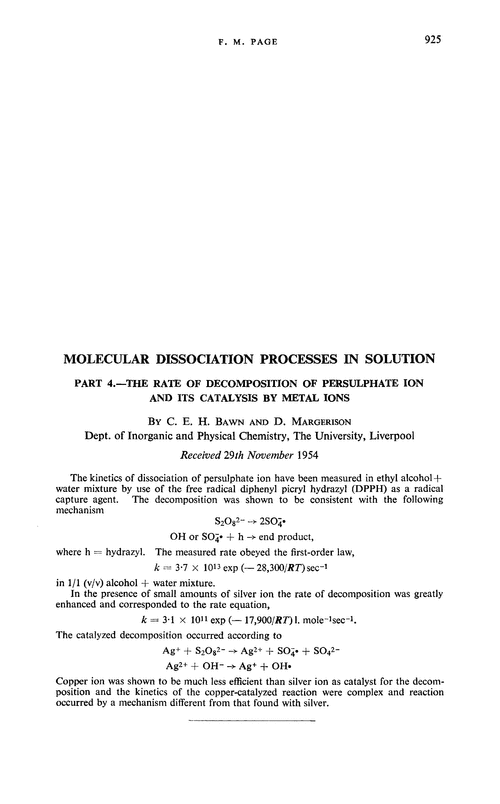 Molecular dissociation processes in solution. Part 4.—The rate of decomposition of persulphate ion and its catalysis by metal ions