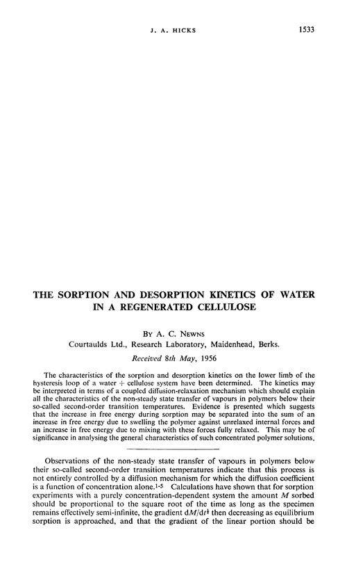 The sorption and desorption kinetics of water in a regenerated cellulose