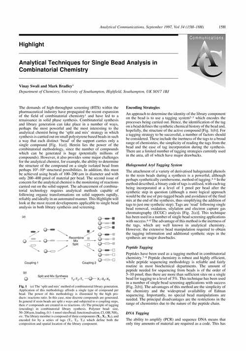 HighlightAnalytical Techniques for Single Bead Analysis in Combinatorial Chemistry