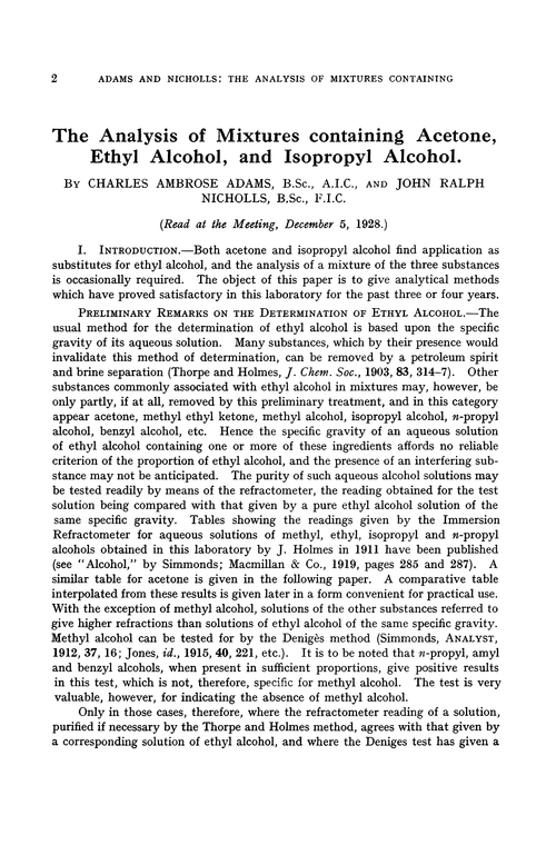 The analysis of mixtures containing acetone, ethyl alcohol, and isopropyl alcohol