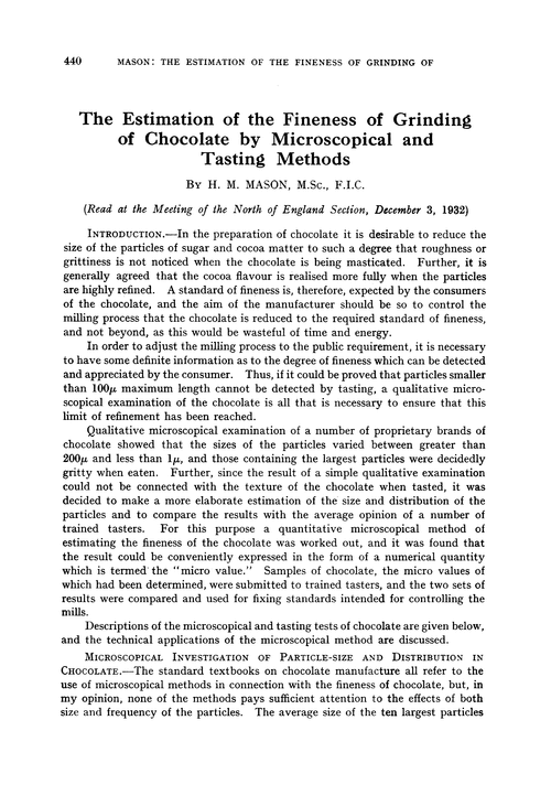 The estimation of the fineness of grinding of chocolate by microscopical and tasting methods