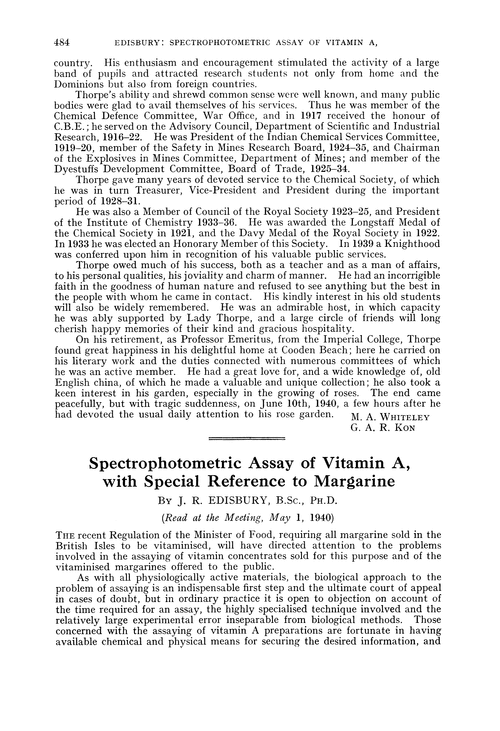 Spectrophotometric assay of vitamin A, with special reference to margarine