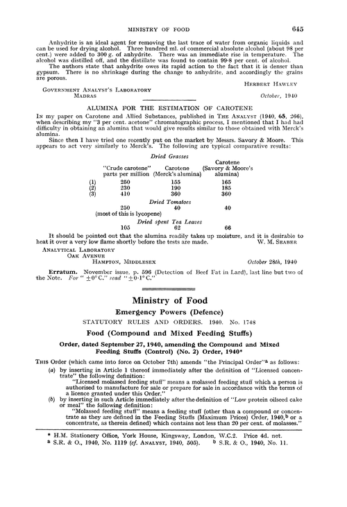 Ministry of Food. Emergency powers (defence). Statutory rules and orders, 1940