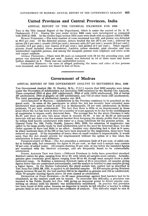 Government of Madras. Annual Report of the Government Analyst to September 30th, 1939