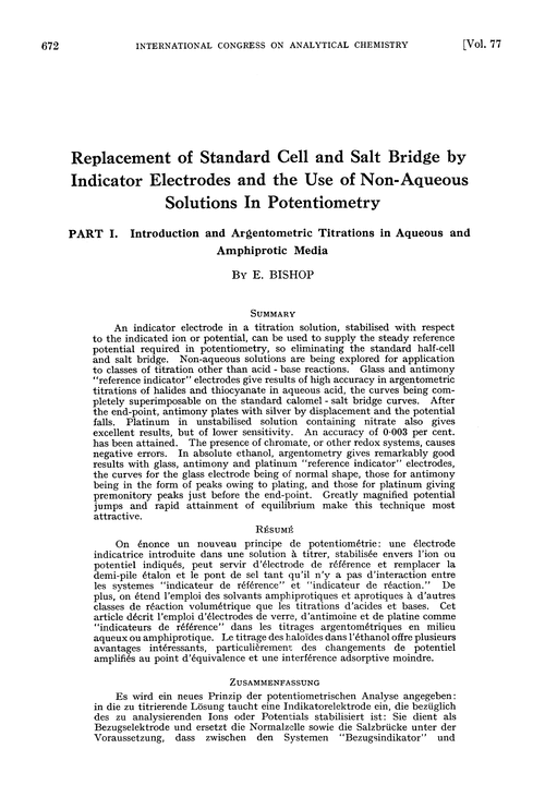 Replacement of standard cell and salt bridge by indicator electrodes and the use of non-aqueous solutions in potentiometry. Part I. Introduction and argentometric titrations in aqueous and amphiprotic media