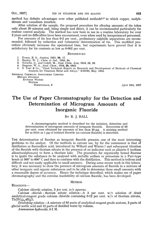 The use of paper chromatography for the detection and determination of microgram amounts of inorganic fluoride