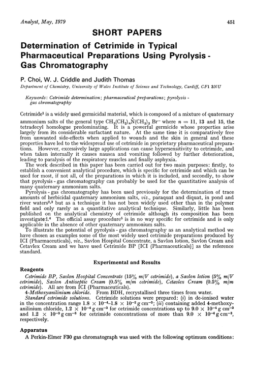 Determination of cetrimide in typical pharmaceutical preparations using pyrolysis-gas chromatography