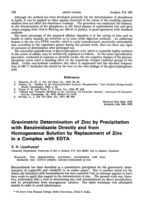Gravimetric determination of zinc by precipitation with benzimidazole directly and from homogeneous solution by replacement of zinc in a complex with EDTA