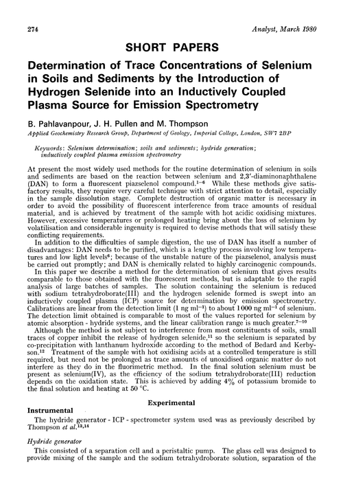 Determination of trace concentrations of selenium in soils and sediments by the introduction of hydrogen selenide into an inductively coupled plasma source for emission spectrometry