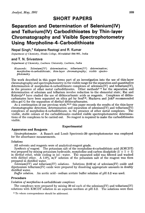 Separation and determination of selenium(IV) and tellurium(IV) carbodithioates by thin-layer chromatography and visible spectrophotometry using morpholine-4-carbodithioate