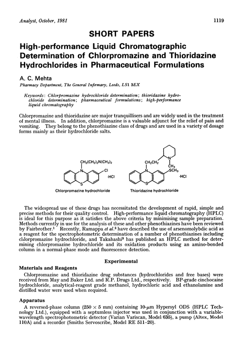 High-performance liquid chromatographic determination of chlorpromazine and thioridazine hydrochlorides in pharmaceutical formulations