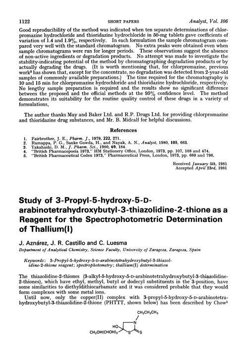 Study of 3-propyl-5-hydroxy-5-D-arabinotetrahydroxybutyl-3-thiazolidine-2-thione as a reagent for the spectrophotometric determination of thallium(I)