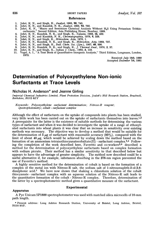 Determination of polyoxyethylene non-ionic surfactants at trace levels