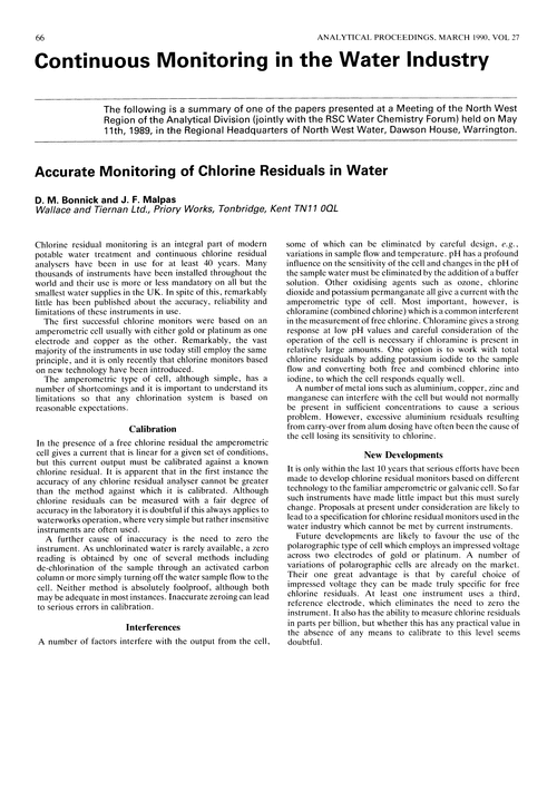 Continuous monitoring in the water industry. Accurate monitoring of chlorine residuals in water