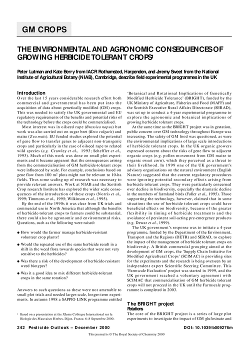 The environmental and agronomic consequences of growing herbicide tolerant crops