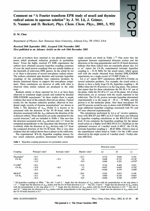Comment on “A Fourier transform EPR study of uracil and thymine radical anions in aqueous solution” by J. M. Lü, J. Geimer, S. Naumov and D. Beckert, Phys. Chem. Chem. Phys., 2001, 3, 952