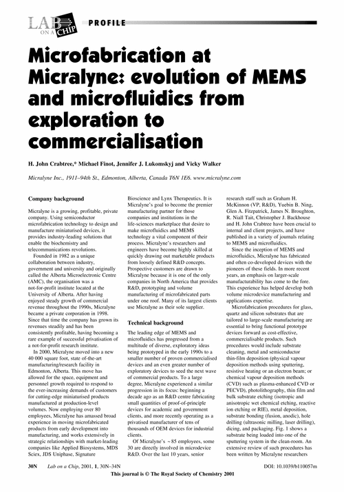 PROFILE Microfabrication at Micralyne: evolution of MEMS and microfluidics from exploration to commercialisation