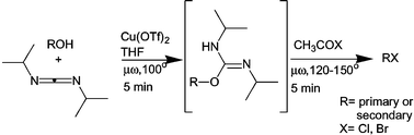 Graphical abstract: A novel stereoselective one-pot conversion of alcohols into alkyl halides mediated by N,N′-diisopropylcarbodiimide