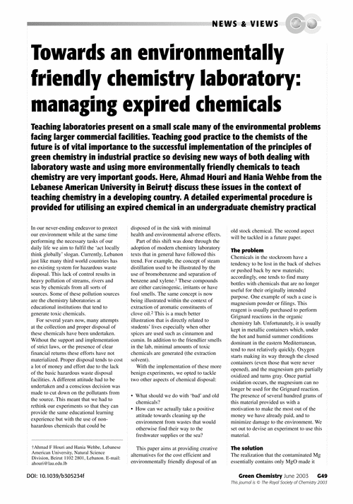 Towards an environmentally friendly chemistry laboratory: managing expired chemicals