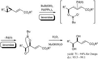 Graphical abstract: Palladium-catalyzed stereospecific epoxide-opening reaction of γ,δ-epoxy-α,β-unsaturated esters with an alkylboronic acid leading to γ,δ-vicinal diols with double inversion of the configuration