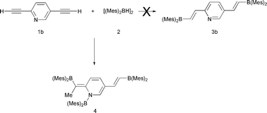 Graphical abstract: Two contrasting ethynyl hydroboration pathways in the formation of a novel tris-hydroboration product from reaction of dimesitylborane with 2,5-diethynylpyridine