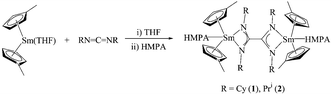 Graphical abstract: A first oxalamidino complex of samarium via reduction-coupling of carbodiimine: synthesis and molecular structure of [η4-C2(NR)4][(MeC5H4)2Sm(HMPA)]2·2THF (R = Pri, Cy)