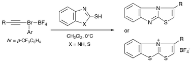 Graphical abstract: Domino Michael addition-carbene rearrangement-cyclization reaction of 1-alkynyl(aryl)-λ3-bromanes with 2-mercapto-1,3-benzazoles
