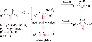 Graphical abstract: Unprecedented 1,4-stannatropy: effective generation of azomethine ylides as nitrile ylide equivalents from N-(stannylmethyl)thioamides