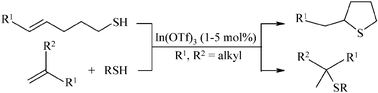Graphical abstract: Regioselective indium(iii) trifluoromethanesulfonate-catalyzed hydrothiolation of non-activated olefins