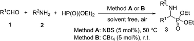 Graphical abstract: Expeditious approach to α-amino phosphonates via three-component solvent-free reactions catalyzed by NBS or CBr4